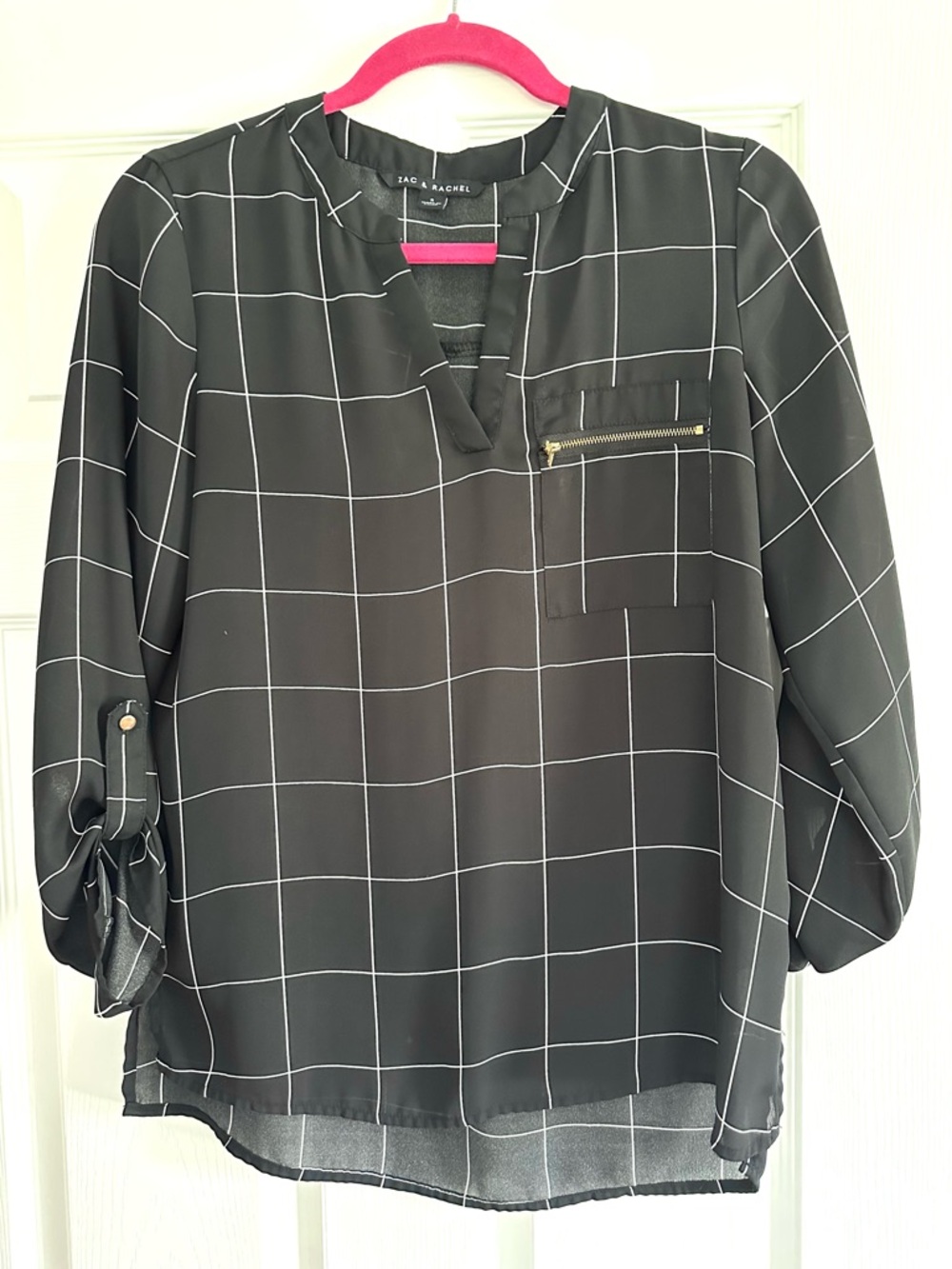 Zac & Rachel Black Windowpane Zip-Pocket V-Neck Blouse